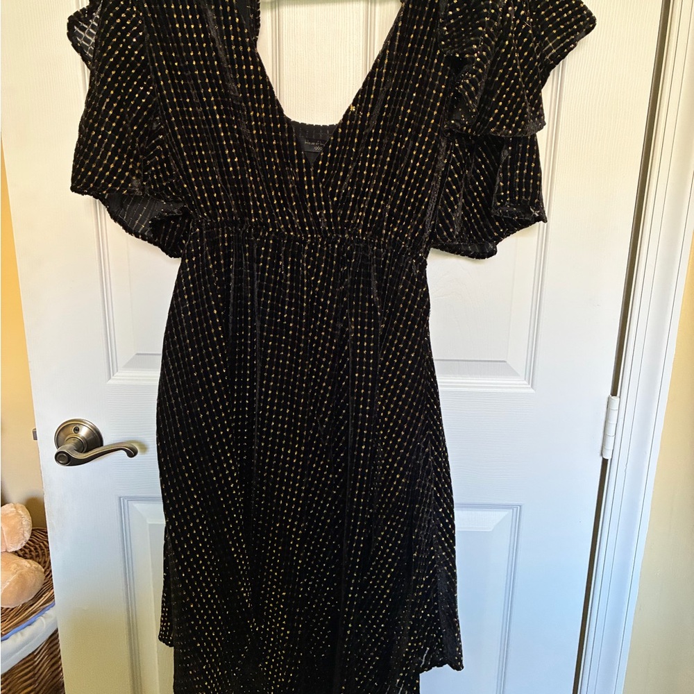 House of Harlow 1960 Black Velvet Midi Dress with Gold Dots